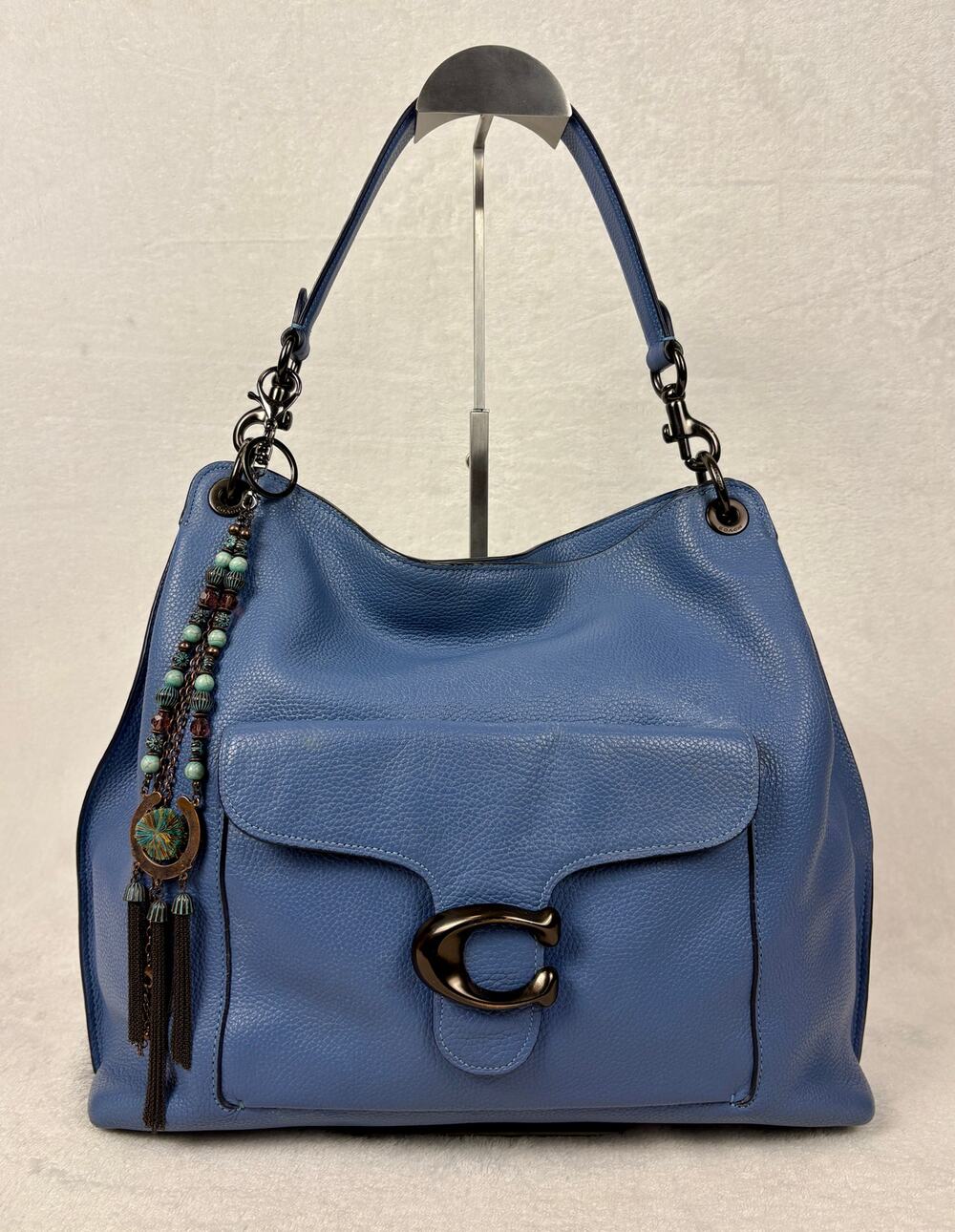 Coach Tabby Hobo in Lake Blue Polished Pebble Leather with Custom Charm